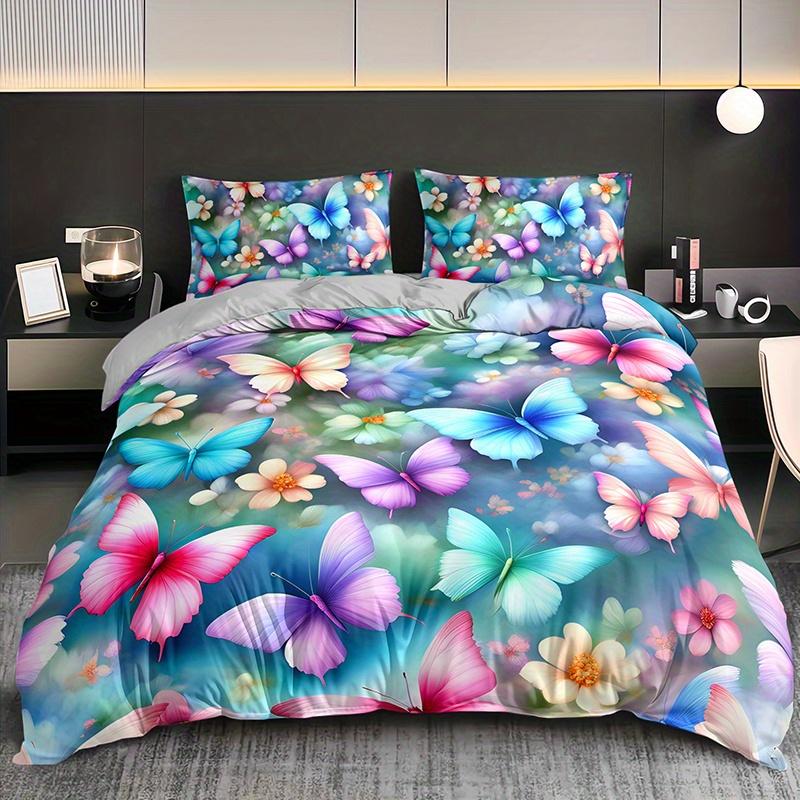 3Pcs Colorful Butterfly Floral Bedding Duvet Cover Set Butterfly Garden Bedding Quilt Set Butterfly Themed Spring Butterfly