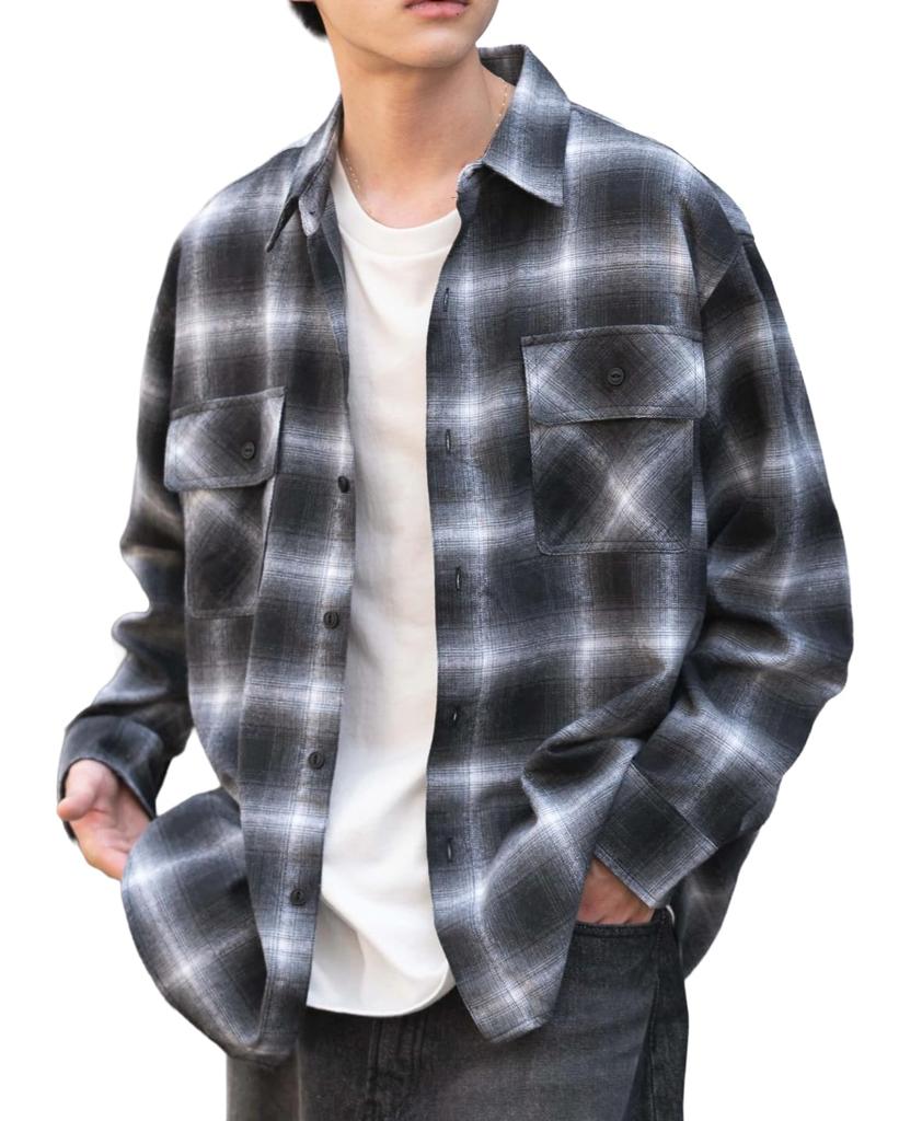 WEGO Unisex Ombre Check Flannel Long Checked Oversized Size Pattern 1 Shirt, Sleeve, Top, Autumn/Winter Clothing, Silhouette, Gift, Men's, L,