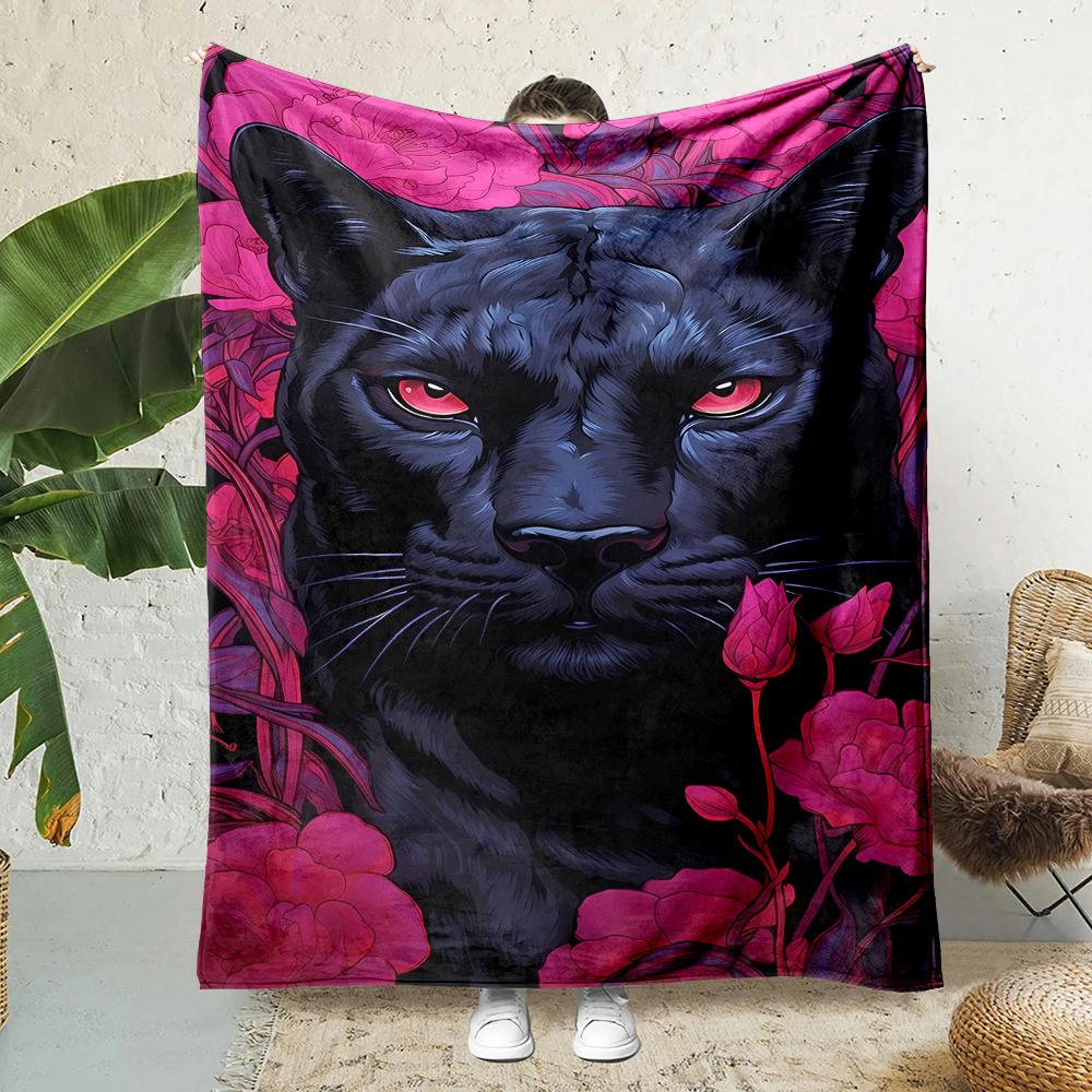

Contemporary Reversible Flannel Throw Blanket, Cartoon Black Panther with Red Eyes Print, All-Season Cozy Polyester Bedding, Non 75x90cm