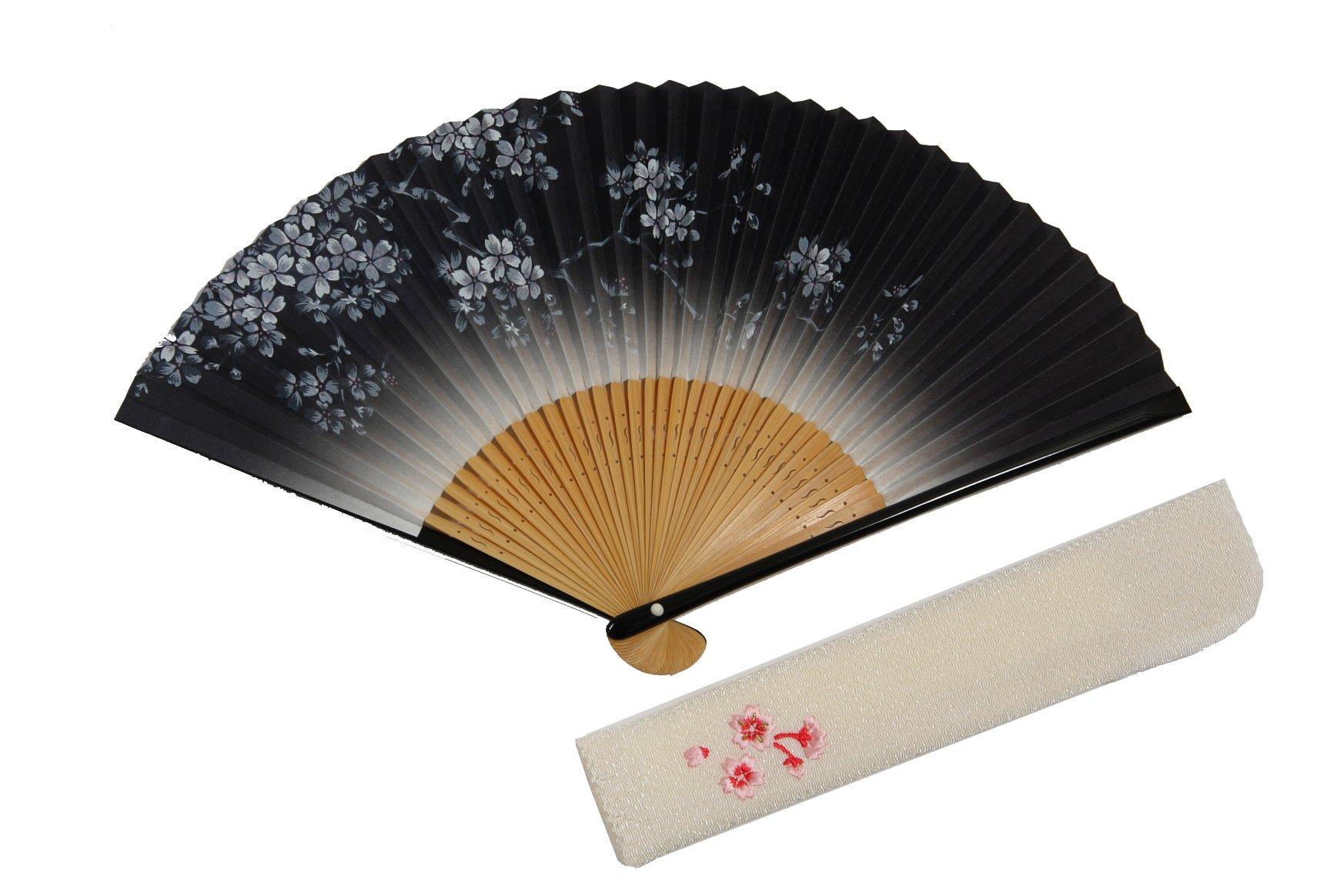 

Складной веер Хасэгава с цветущей сакурой Ручной работы из Киото Включает чехол для веера и бумажную коробку Двусторонний узор, Мастера, Вышитый, чёрный