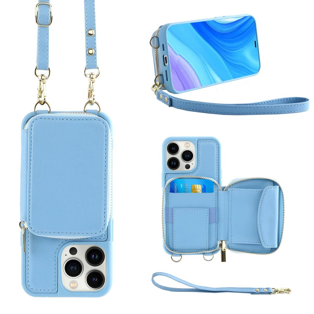 Crossbody Long Strap Leather Phone Case For iPhone 15 Pro Max 14 Plus 13 12 11 Pro Zipper Wallet Card Bag Cover with Lanyard