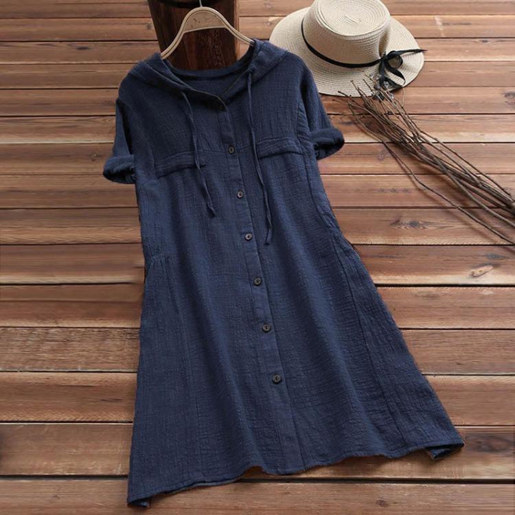 

Women s Fashion Solid Color Button Dress Cotton Linen Drawstring Hooded Short Sleeve Pocket Design XXXXXL