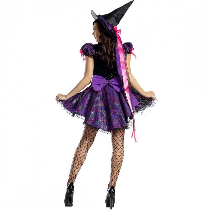 Bezauberndes Lila Halloween-Hexenkostüm für Damen mit magischem Zauberer-Design