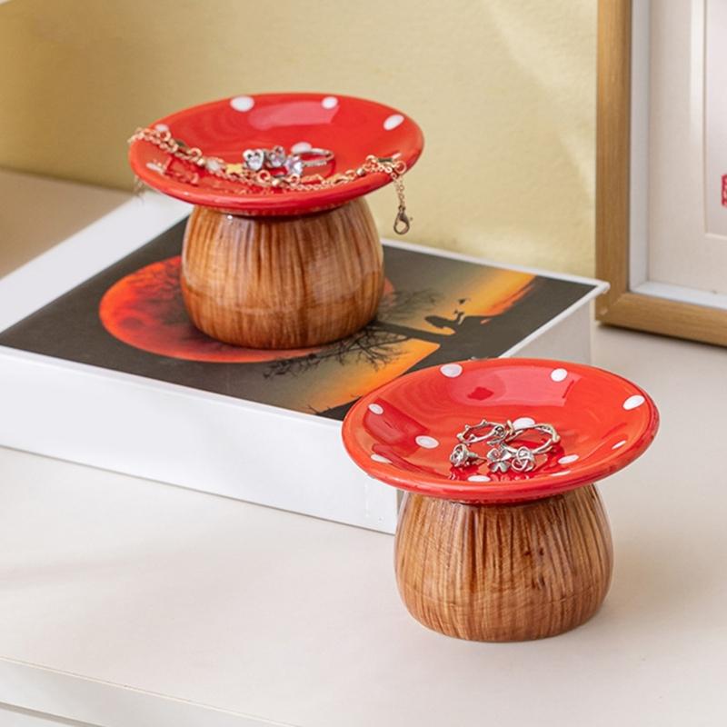 Ceramic Mushroom Jewelry Tray with Raised Ring Holder Dish, Tabletop Catchall Tray for Vanity and Bedside Table