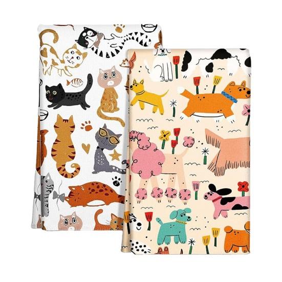

2Pcs Dish Towel Colorful Cat Flower Pattern Super Water Absorbent Reusable Kitchen Towels Machine Washable Dish Rags D