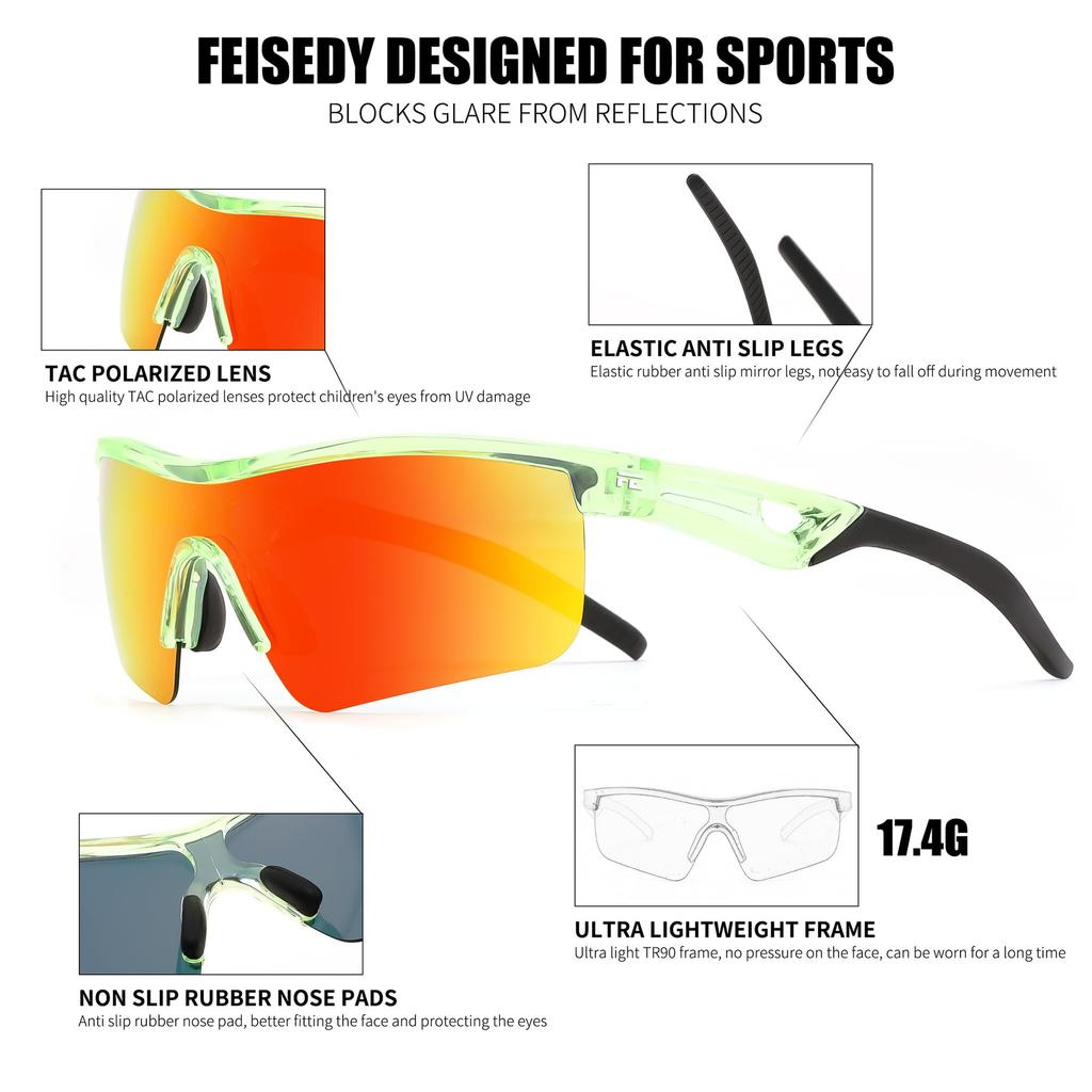 Feisedy Sports Polarized UV TR90 Sunglasses for UV B2454 Kids' Sunglasses, Lenses, Protection, Ultra-Lightweight Golf, Jogging, Baseball, Basketball,