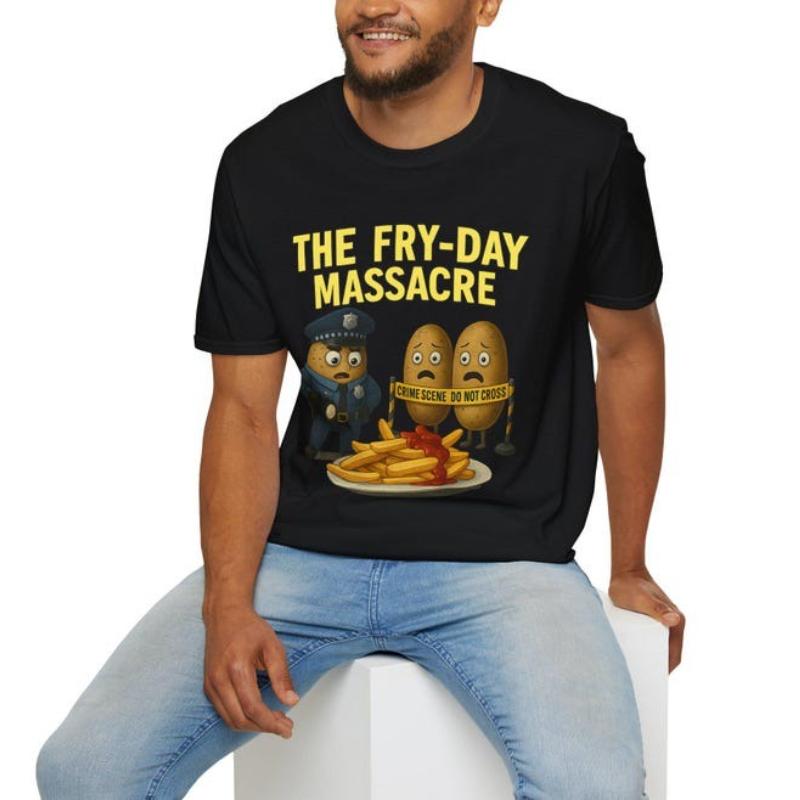 Funny Fry-Day Massacre Softstyle T-Shirt Potato Graphic Tee Dark Food Humor Shirt for French Fry Lovers Pun Fans Unisex Wear S разноцветный