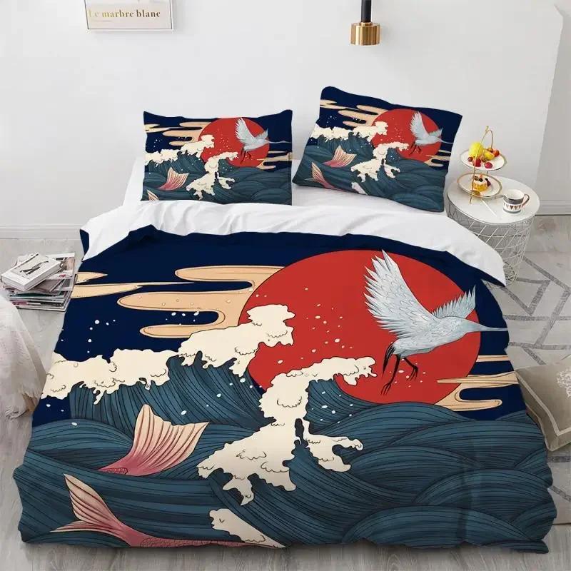 Sada povlaků na přikrývku Wave Vzor Hokusai Japonský povlak na přikrývku Ukiyoe Orientální styl náčrtu Ocean Queen Twin Polyesterová sada povlečení