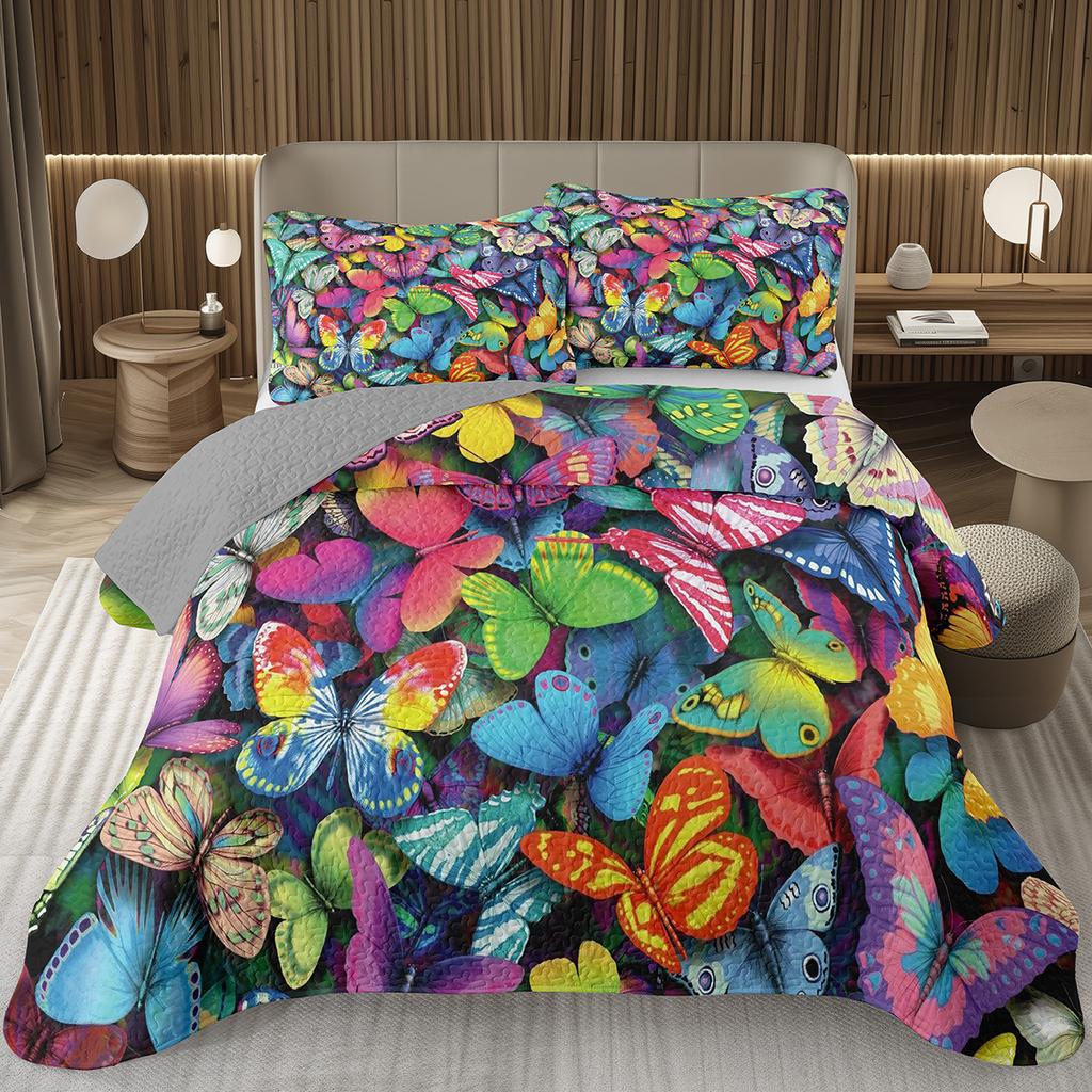 Butterfly Bedspread Twin/Queen/King Watercolor Botanical Floral Coverlet Fantasy Style Bedding Set Reversible Quilted Bedspreads