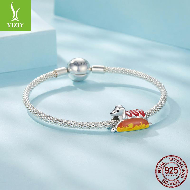 925 Sterling Silver Hot Dog Dachshund Dog Beaded, Playful Fun Puppy Diyc Accessories Charm