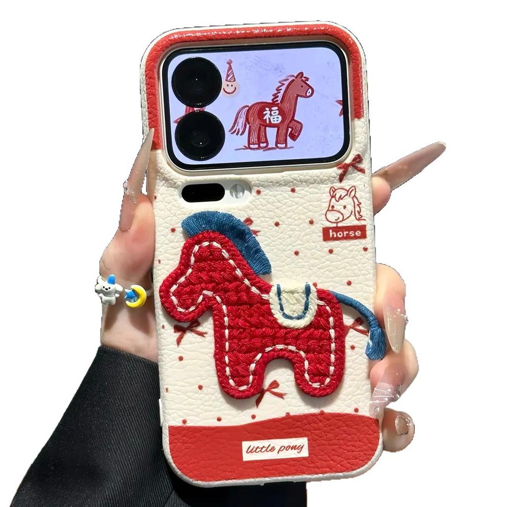 Embroidered Knitted Pony Lanyard for iPhone 17 Mobile Phone Case iPhone16/15PROMAX New Year's Red and Soft 13