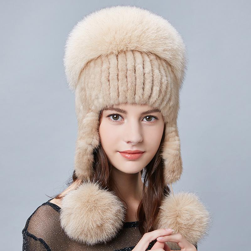 Mink Fur Hat Winter Ladies Knitted Fur 