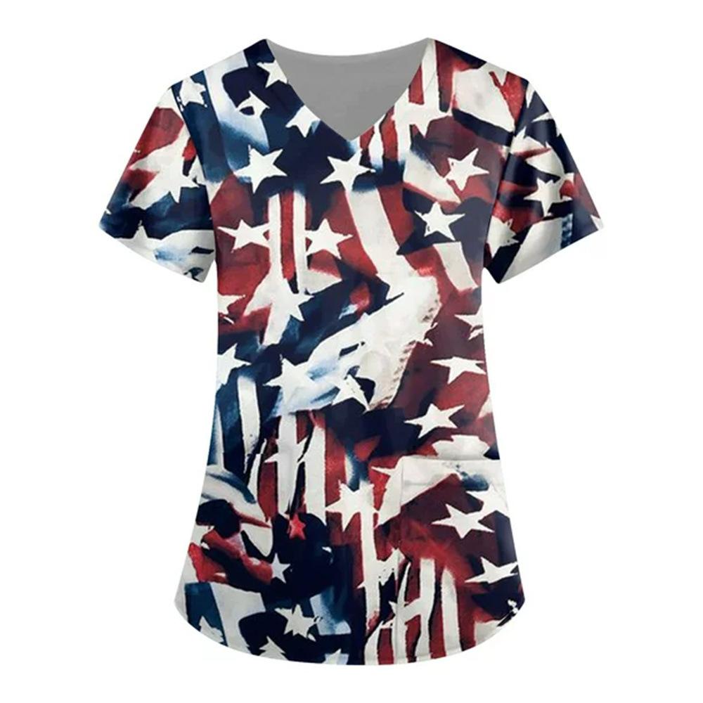 Women's T-shirt V-neck Nurse Uniform Star Print Casual Comfortable Short Sleeved Women's T-shirts