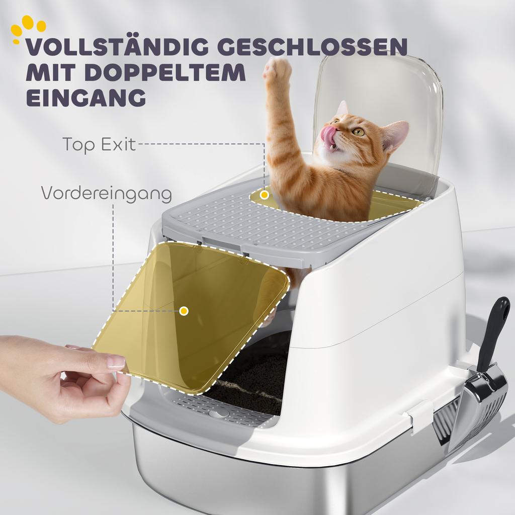 Large Stainless Steel Litter Box, Enclosed Metal Cat Litter Tray with Scoop, Deodoriser Bag, Front-Entry and Top-Exit