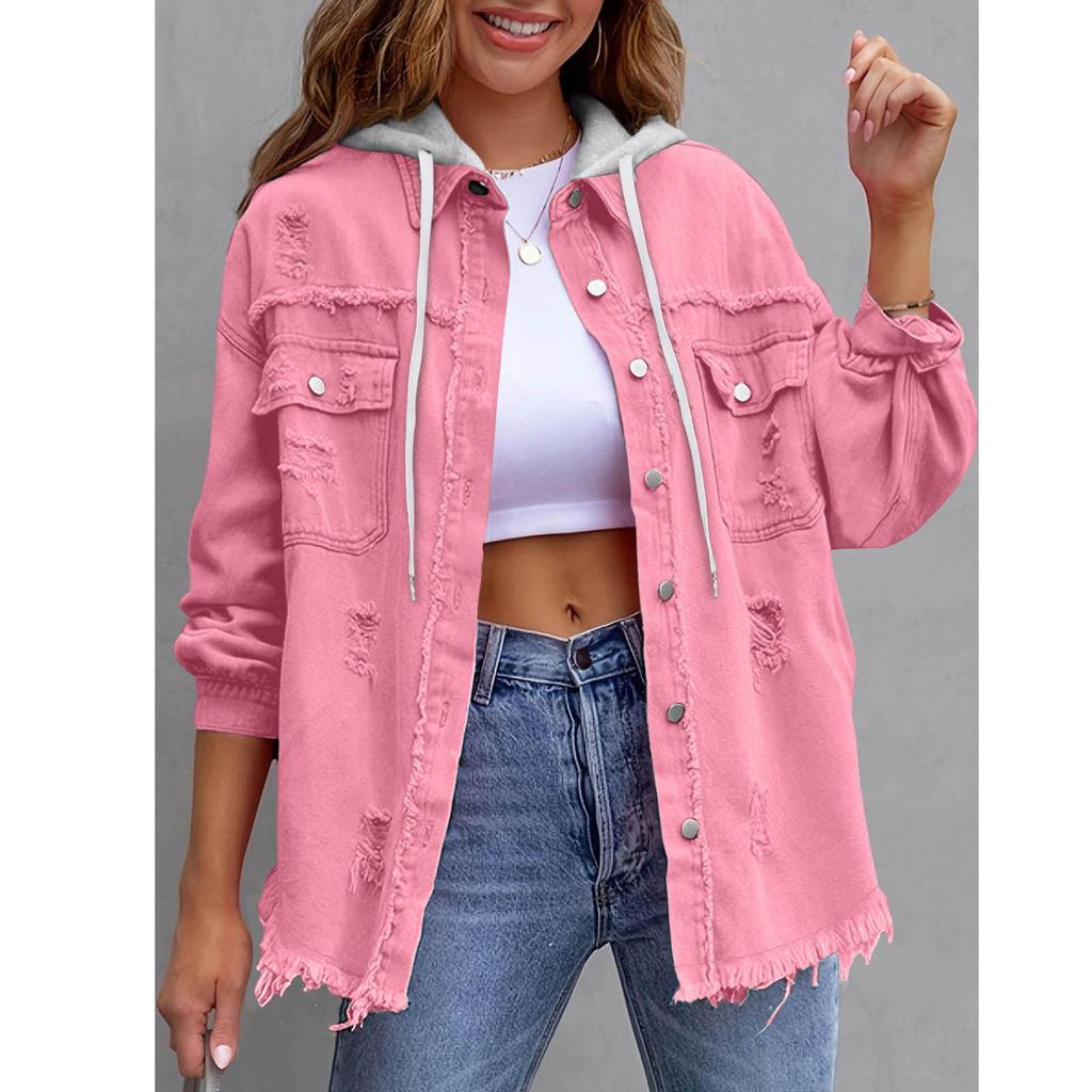 New Denim Hooded Jacket, Women's Solid Color Loose Jacket, Ripped Long-sleeved Women's Denim Shirt