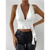 Summer Fashion Women's Casual Deep V Neck Sleeveless Vest Slim Fit Lace-up Backless Crop Tops Elegant Halter Neck Solid Color Casual Simple Tank Tops