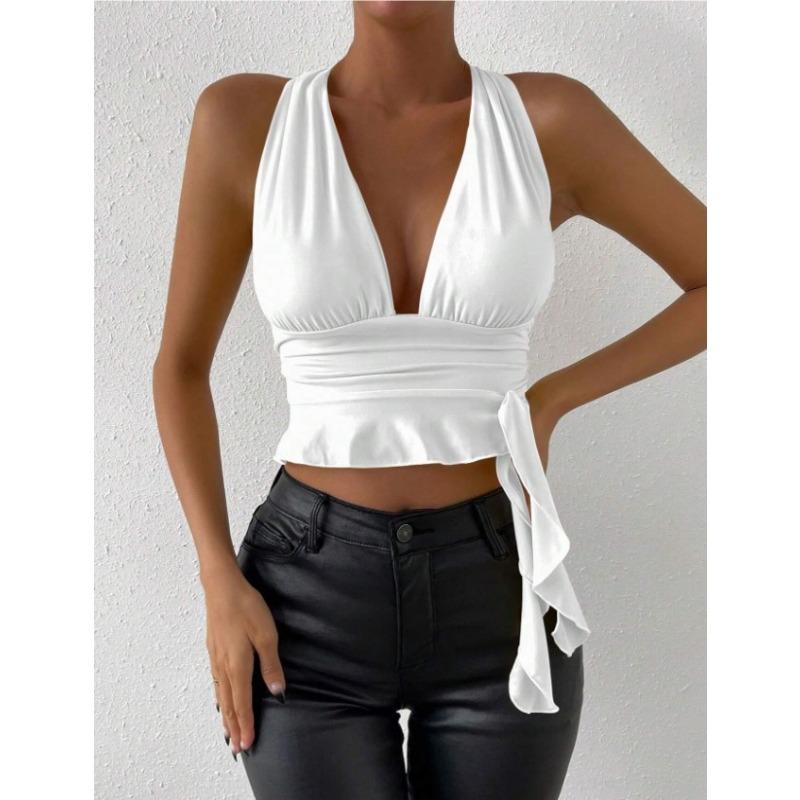 Summer Fashion Women's Casual Deep V Neck Sleeveless Vest Slim Fit Lace-up Backless Crop Tops Elegant Halter Neck Solid Color Casual Simple Tank Tops