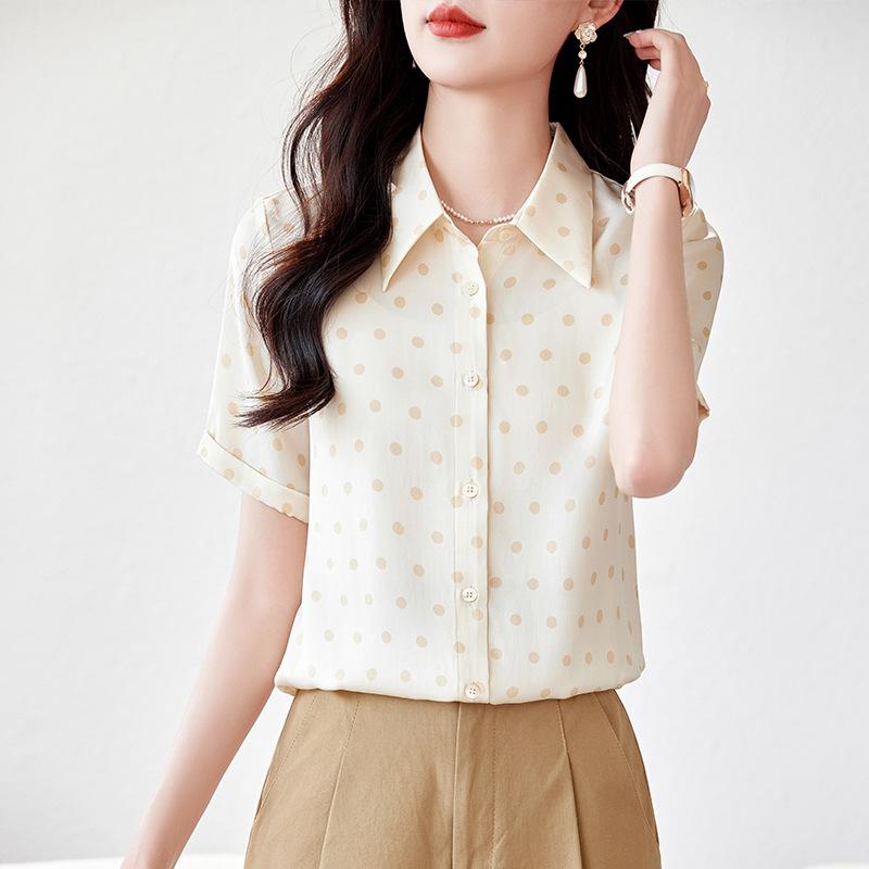 

Модная трендовая шелковая рубашка женская с коротким рукавом летняя одежда новый топ из шелка-тутового шелкопряда с принтом в горошек 2XL