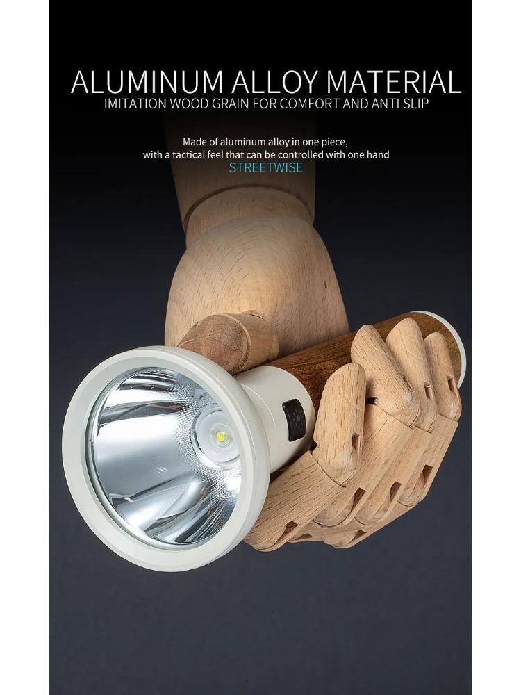 Powerful LED Strong Light Flashlight Aluminium Alloy Torch Imitation Wood Grain Built-in Battery Outdoor Waterproof Camping Lamp