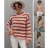 Women Loose Knit Sweater Crew Neck Striped Patchwork Long Sleeve