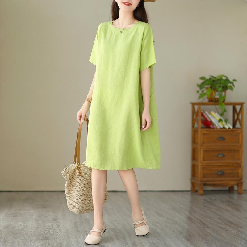 Dimanaf 2025 Women Solid Linen Summer Print Dress Casual Ladies Basic Long Dress 9295