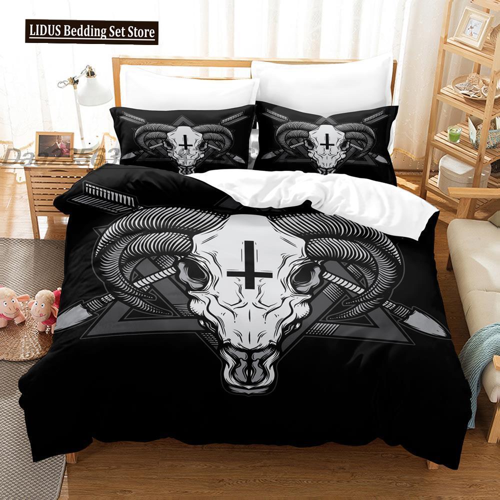 Dark Satanic Duvet Cover Set Satan Goat Inverted Pentagram Skull Bedding Set Full King Size Bed Set Bedroom Comforter Cover Set