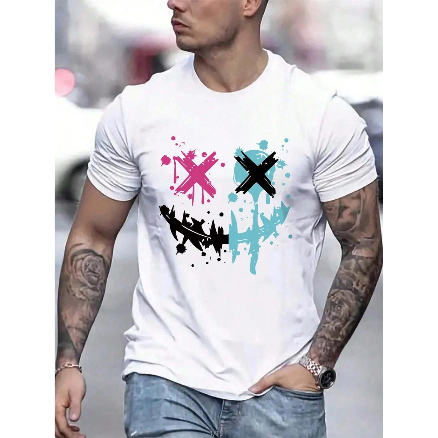 

Summer Men s Trendy Casual Loose Smile Pattern Printed Sports Comfortable Round Neck Short Sleeve T-shirt S