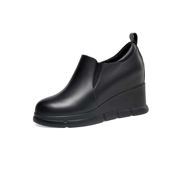 

Туфли на танкетке, женские туфли на высоком каблуке 9 см, новые кожаные туфли с круглым носком, одинарные туфли на небольшой внутренней платформе, кожаные туфли с глубоким вырезом, весна и осень 2025 34 чёрный