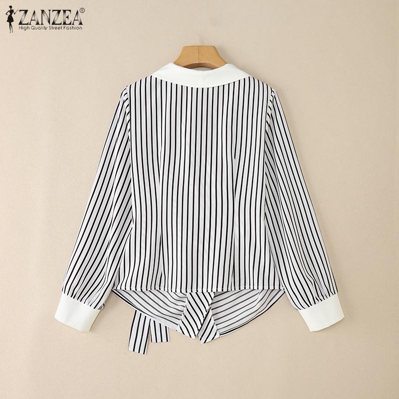 ZANZEA Blouse Décontractée Femme Col V Manches Longues Imprimé Rayures Lacée