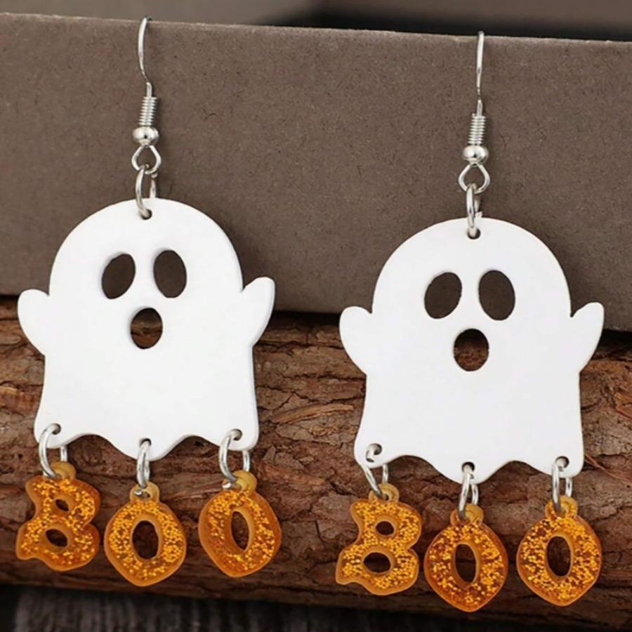 Personalized style acrylic exaggerated high-end sense pumpkin ghost BOO letter splicing sequined earrings Halloween earrings
