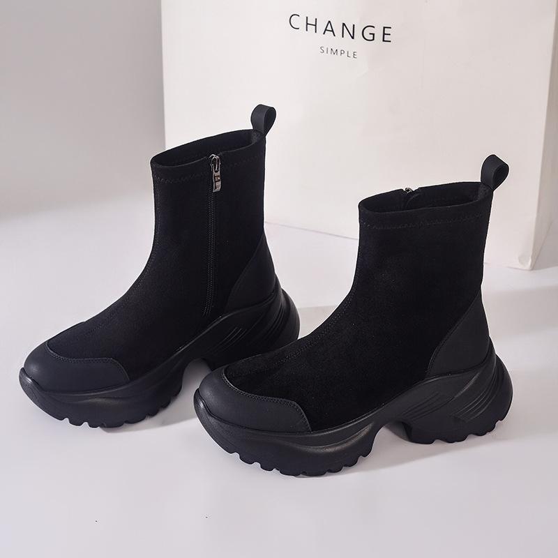 Yang Mi same 2025 new velvet cocoa dolphin boots free velvet sound retro elastic boots thick-soled thin boots women