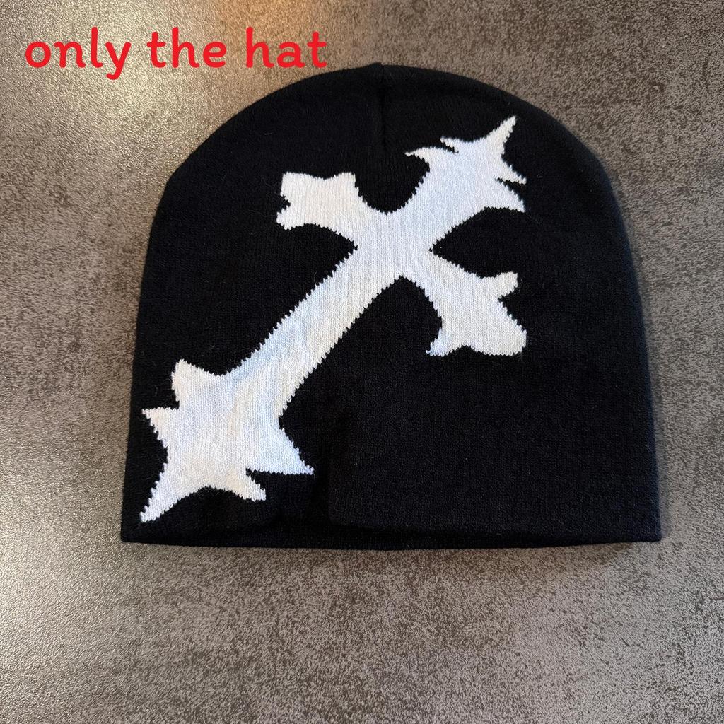 Y2 Street Style Knit Hat With Cross Pattern For Fall Winter Warmth чёрный
