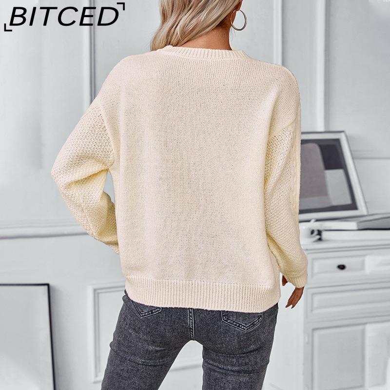BITCED Solid Color Openwork Pullover Sweater for Women Autumn/Winter Vintage Twisted Knot Knitwear