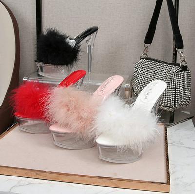 Mode 2025 Damen Hausschuhe Flauschig Sexy Absätze Schlanke Absätze Wasserdicht Tischhausschuhe Klare Kristall Sandalen Hochzeitsschuhe Kleid Bankett