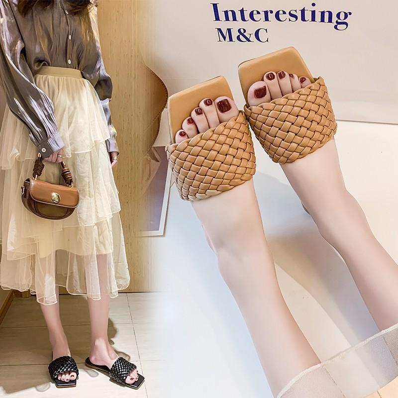 Women's Summer Clip On Flat Bottomed Slippers Casual Square Head Knitted Strap Beach Sandals Shoes 35-42