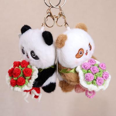 Yousheng Panda hält Blumen Schlüsselanhänger Niedliches Plüschtier mit gestricktem Bouquet Weicher Plüsch Taschenanhänger Glücksbringer Geschenk