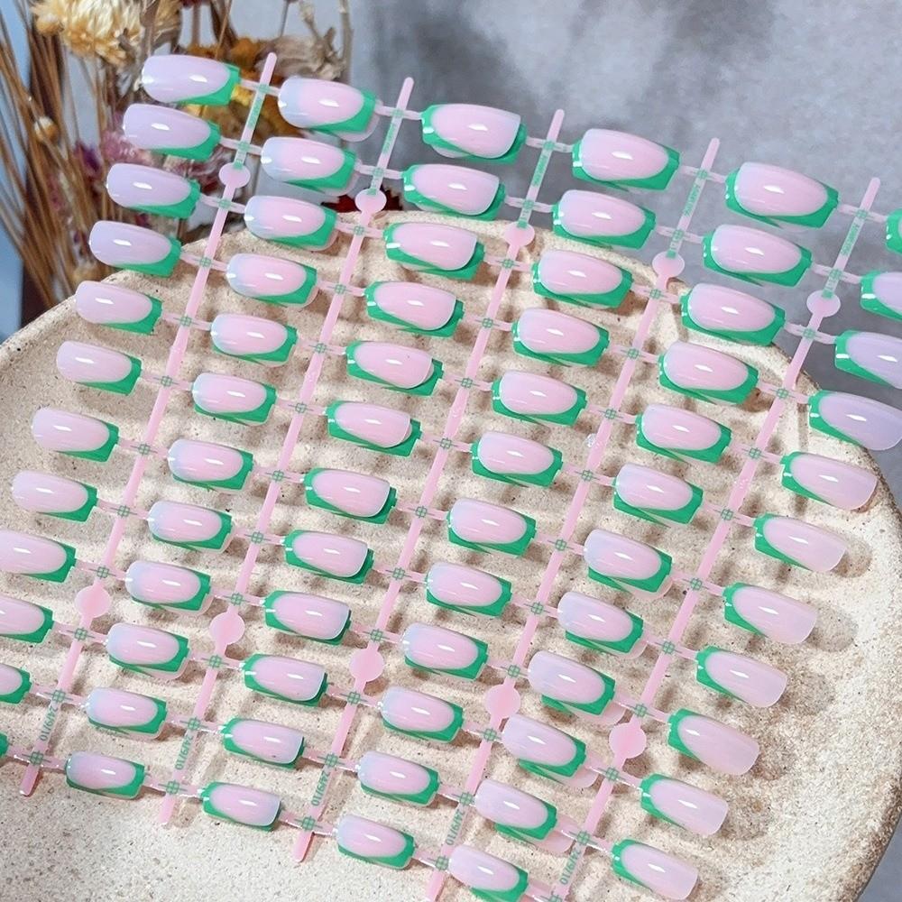 120Pcs Fashion White Edge Press On Nails Square Shape Medium Length False Nails Nude Pink Glossy Finish Fake Nails
