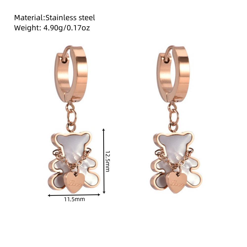Sweet Peach Heart & Bear Earrings, Titanium Steel Studs with White Shell, Korean Style for Women