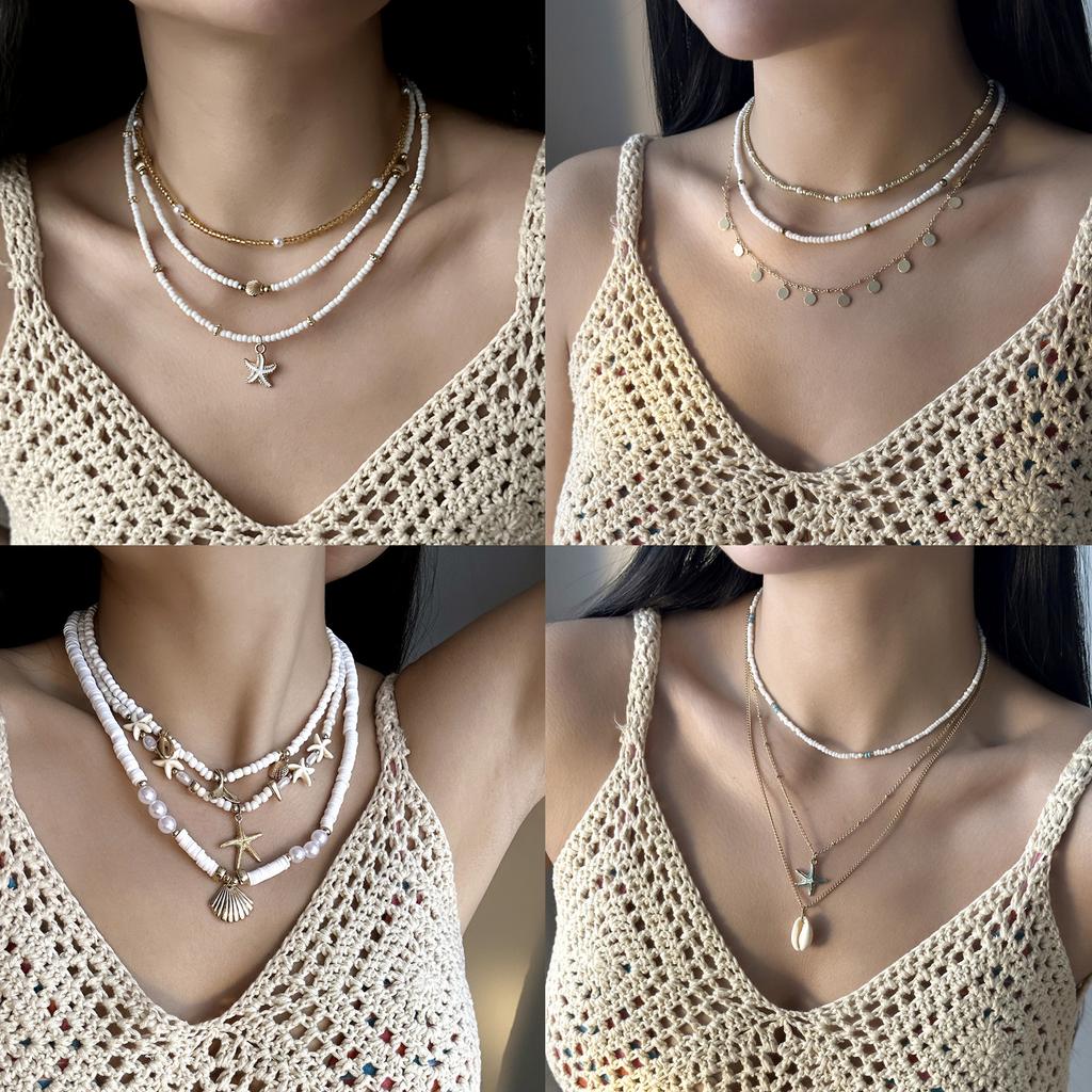 Multilayer Imitation Pearl Polymer Clay Beads Necklace for Women Bohemian Starfish Conch Shell Choker Chain Summer Jewelry Gift