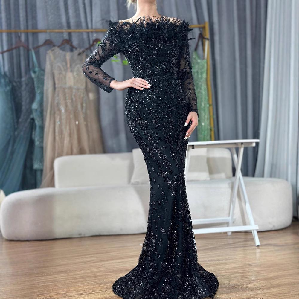 Women's Off Shoulder Feather Mermaid Evening Gown Mid Waist Elegant Beaded Long Sleeve Formal Banquet Host Maxi Dress