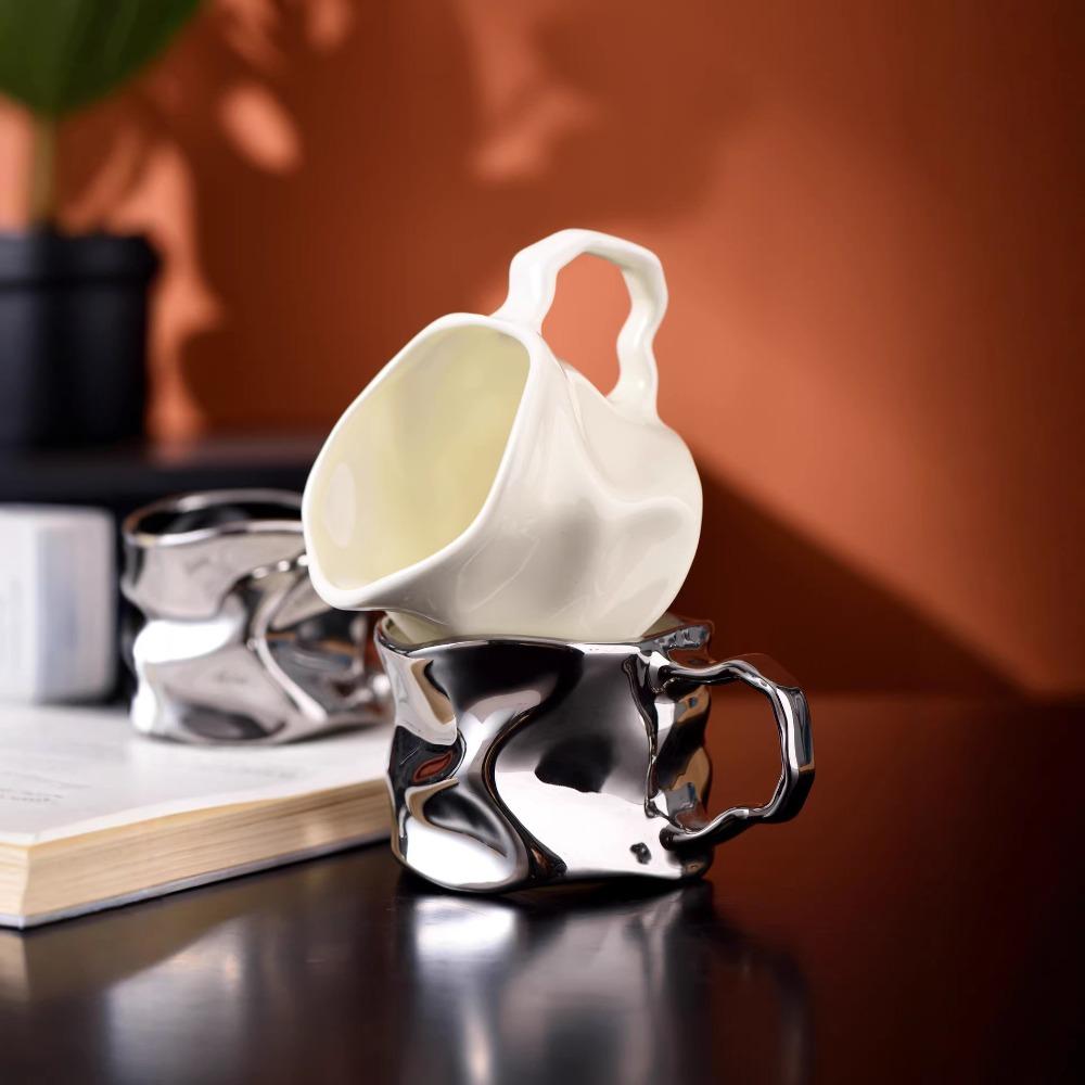 Modern Electroplated Silver Ceramic Coffee Cup Artistic Abstract Wrinkled Mug Metallic Imitation Milk Breakfast Cup Couple's Mug