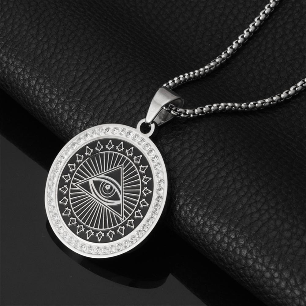 Hip Hop Iced Out Occhio che vede tutto Ciondolo Maschile Colore Oro Argento Acciaio Inossidabile Collana Rotonda per Uomo Gioielli Massonici Regalo di Compleanno
