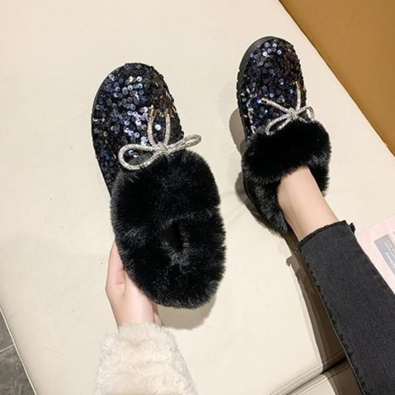 Sequins Bow Flat Snow Boots for Women Winter Round Toe Woman Shoes Padded Comfortable and Elegant On Offer Y2k Work Furry Boot