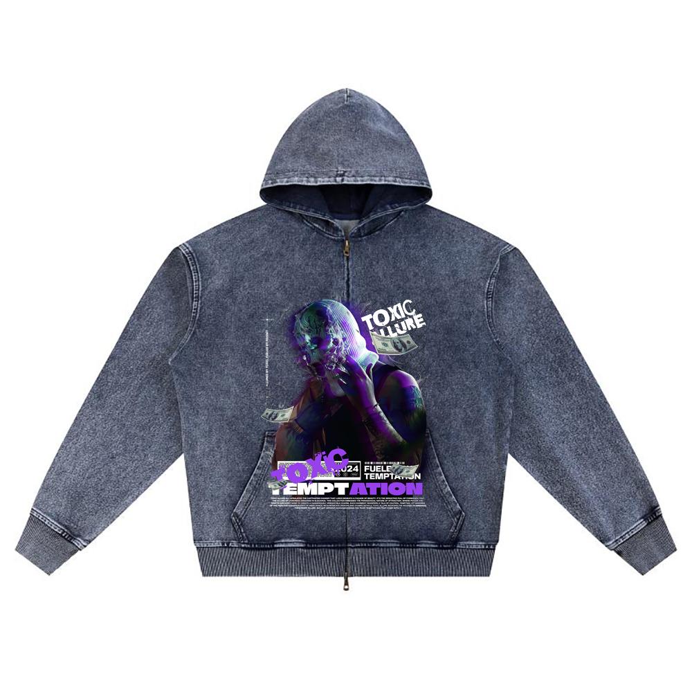 

DTG print Knitted Denim Zip-Up Hoodie Toxic Temptation Brother Print Zipper Hoodies XL темно-синий