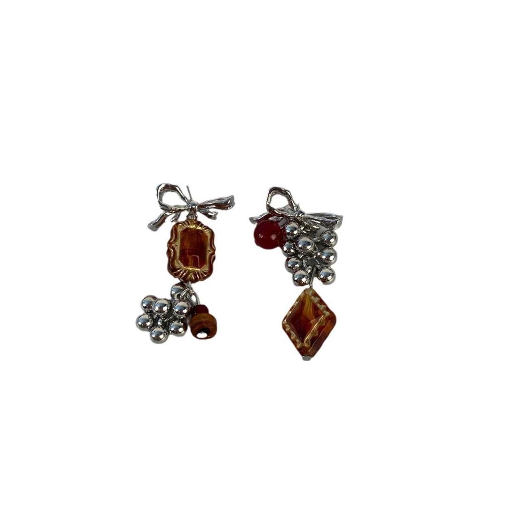 Amber Candy Asymmetrical Diamond Pendant Earrings - Elegant, Retro, Multi-Sphere Design for Women