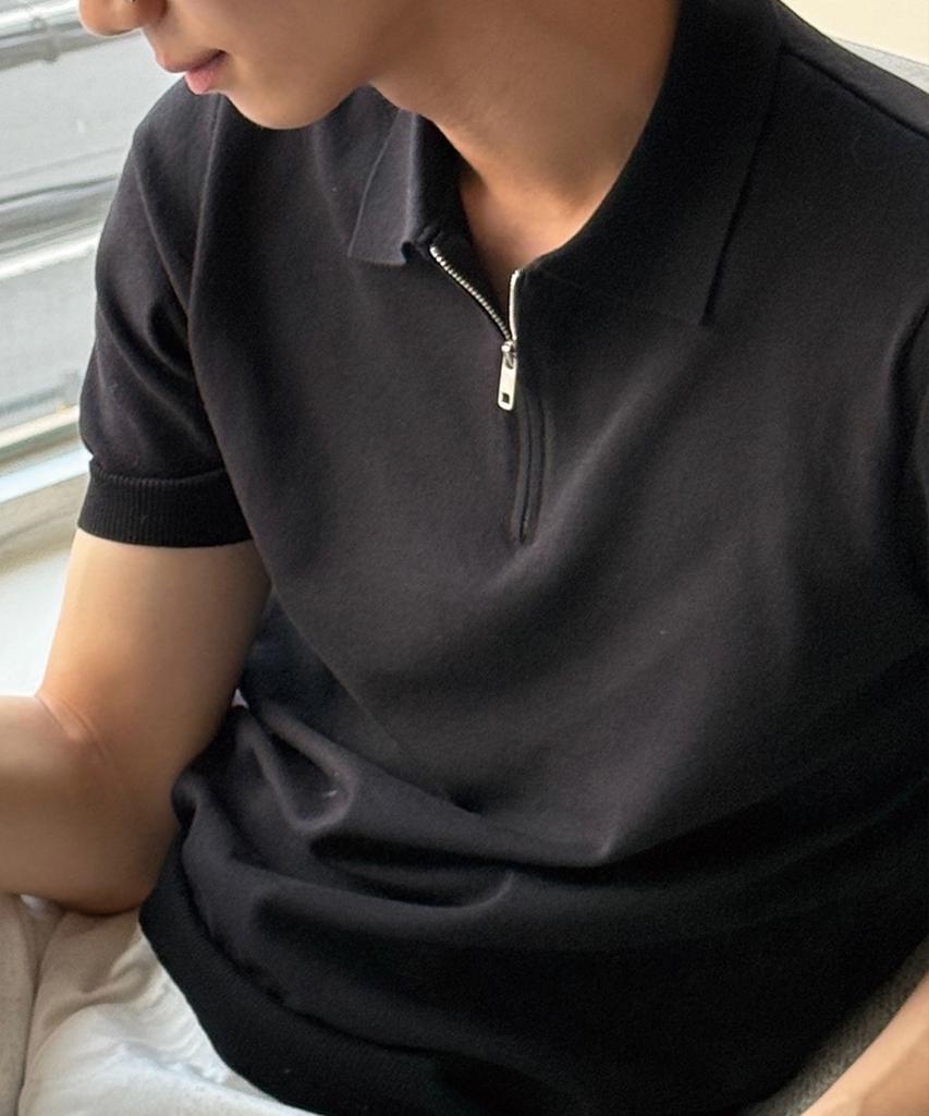 HERVINO Soft Half-Zip Muscle Fit Collared Short Sleeve Knit [Black]