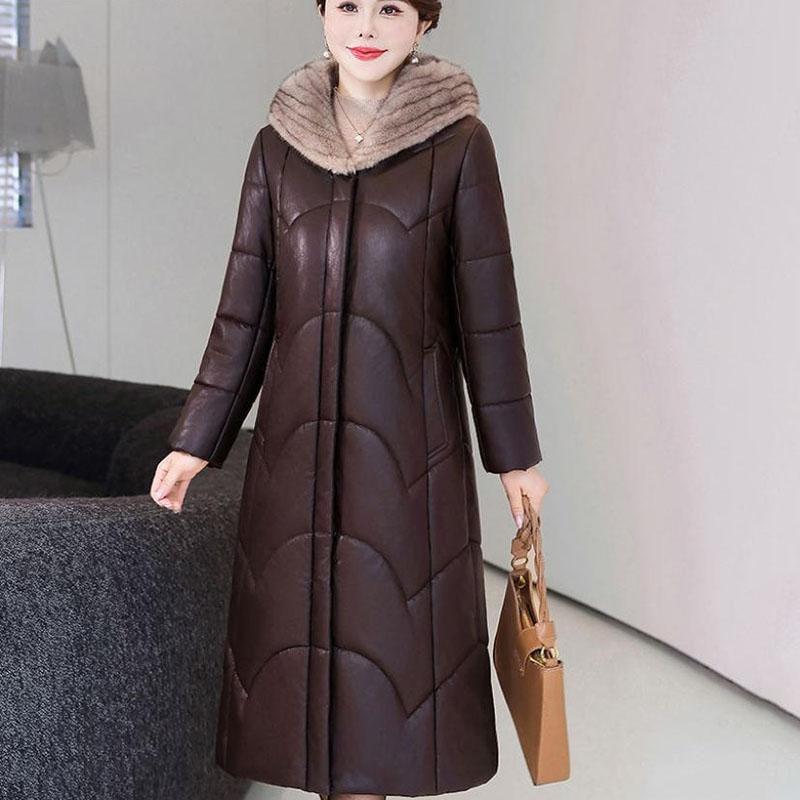 Winter Genuine Leather Jacket  Windproof Long Sheepskin Coat Slim Hooded Alpaca Overcoat
