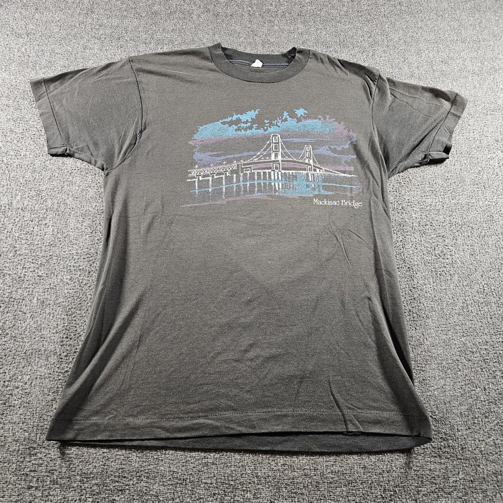 Mackinac Bridge Shirt Mens Medium Black Michigan Skyline Graphic Tee 80s Unisex T-Shirt XL