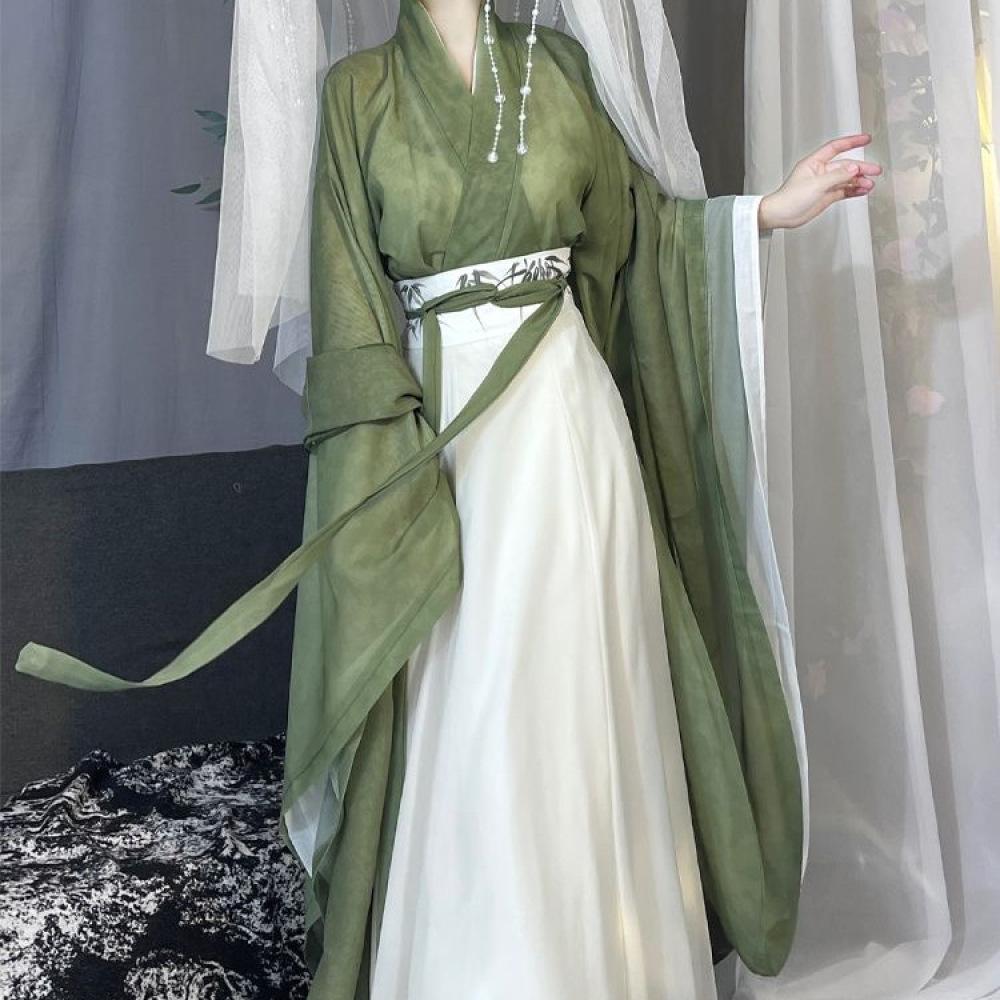 Denní dámský oblek čínské dynastie Wei a Jin ve stylu Hanfu s potiskem