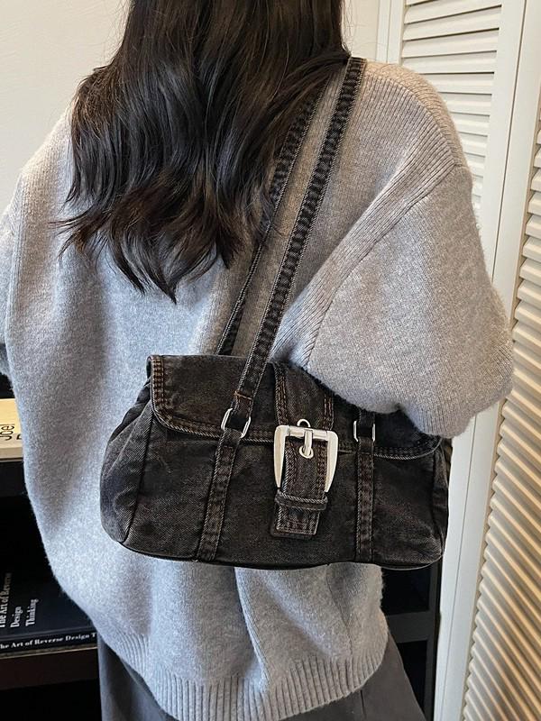 Trendy 2026 Hong Kong Style Washed Denim Shoulder Bag with High-End Texture